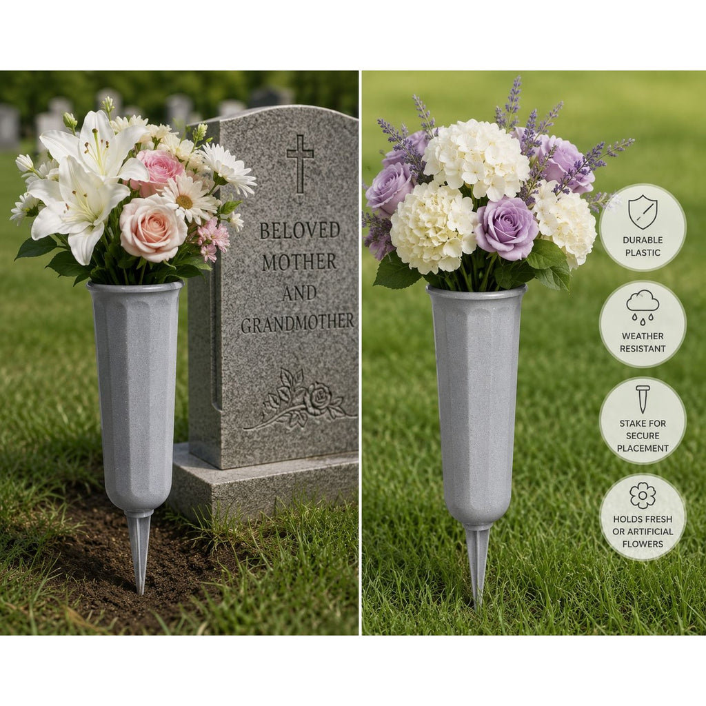 Set of 2 Grave Flower Holders Cemetery Vase with Stake Memorial Floral Vase Outdoor Grave Decoration Plastic Cemetery Flower Holder