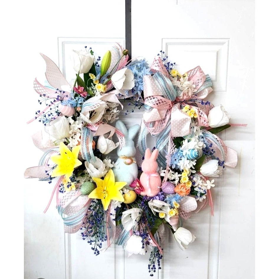 Spring Easter Wreath Bunny Decor Pastel Flowers and Ribbons Large 28 Inch Handmade Door Wreath