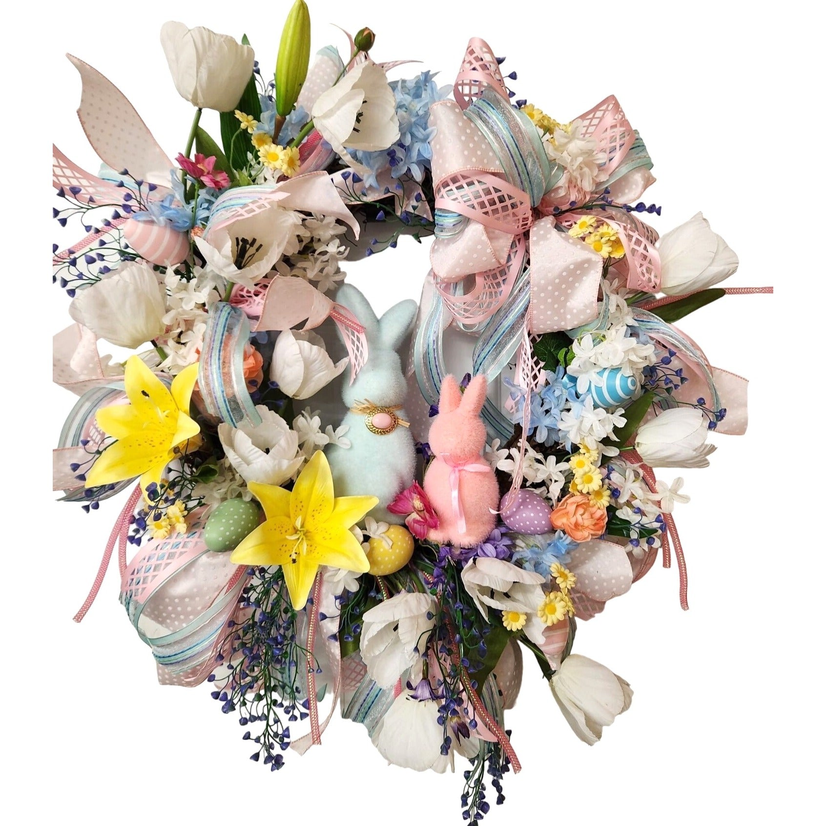 Spring Easter Wreath Bunny Decor Pastel Flowers and Ribbons Large 28 Inch Handmade Door Wreath