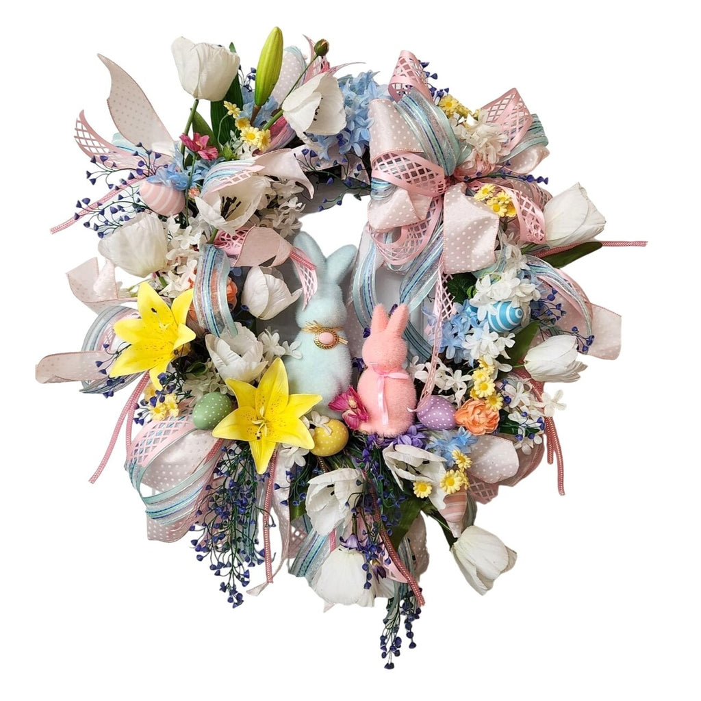 Spring Easter Wreath Bunny Decor Pastel Flowers and Ribbons Large 28 Inch Handmade Door Wreath