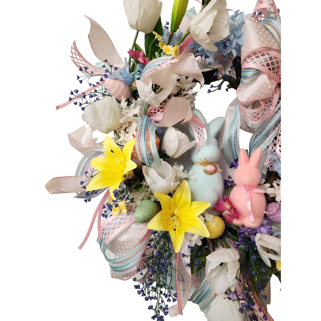 Spring Easter Wreath Bunny Decor Pastel Flowers and Ribbons Large 28 Inch Handmade Door Wreath