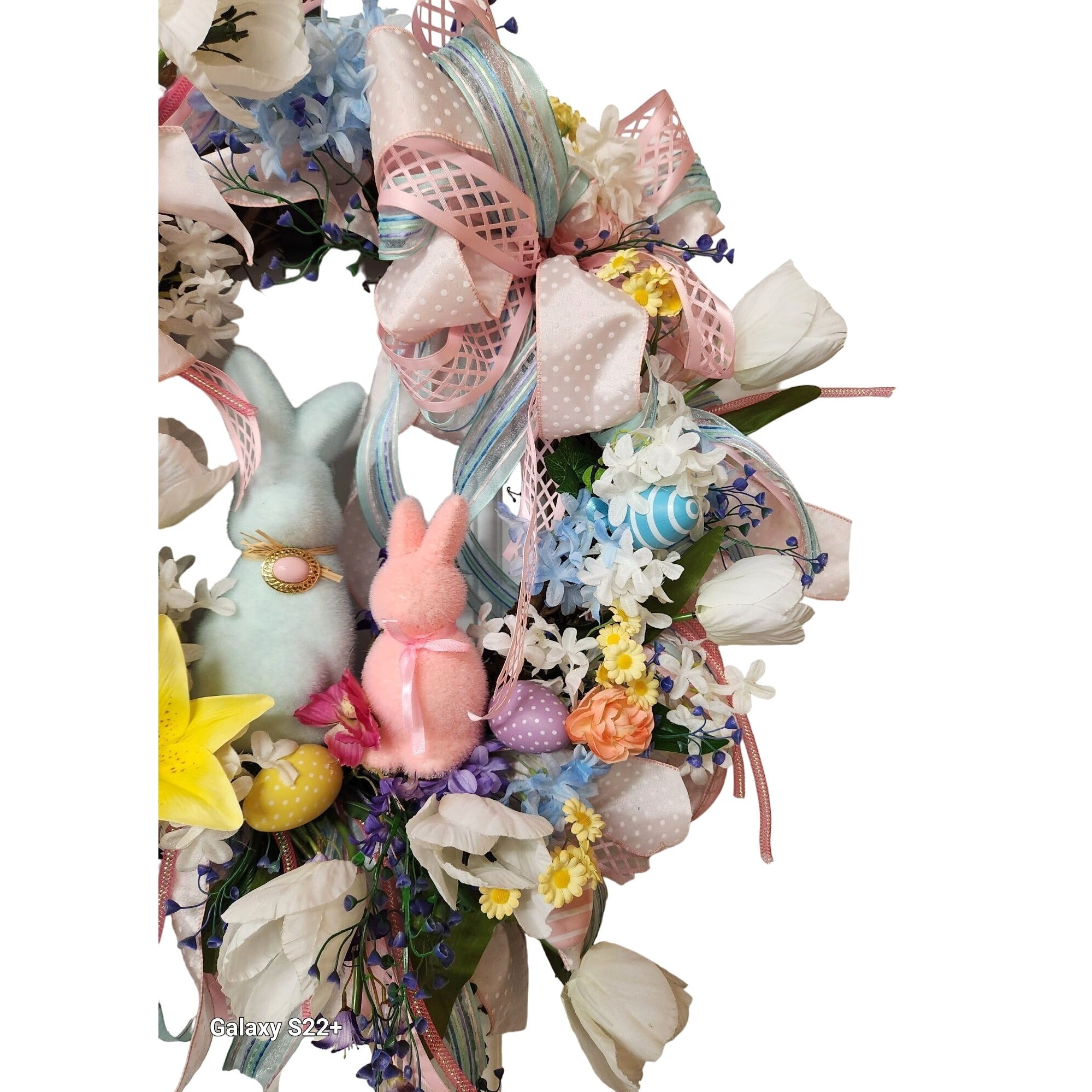 Spring Easter Wreath Bunny Decor Pastel Flowers and Ribbons Large 28 Inch Handmade Door Wreath