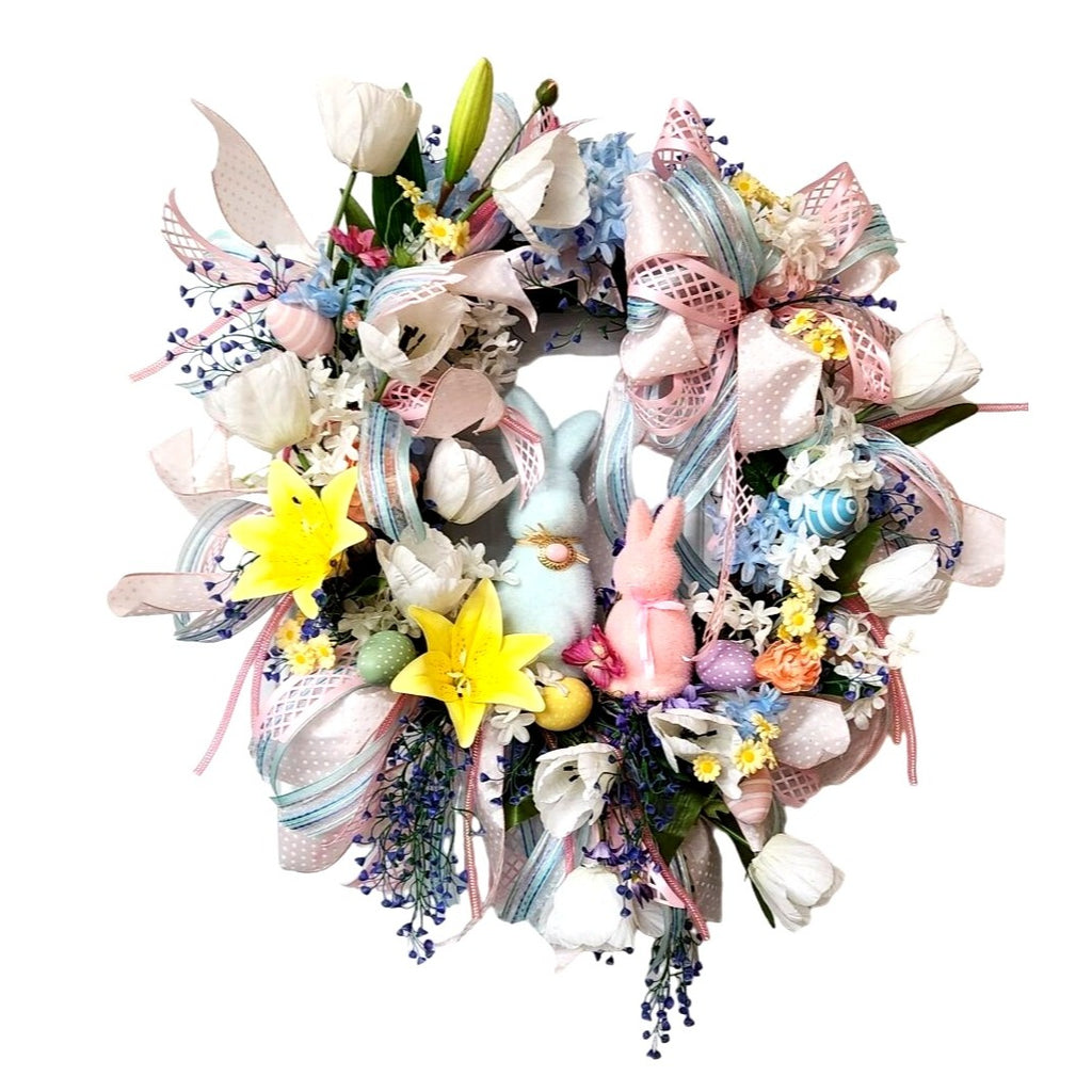 Spring Easter Wreath Bunny Decor Pastel Flowers and Ribbons Large 28 Inch Handmade Door Wreath