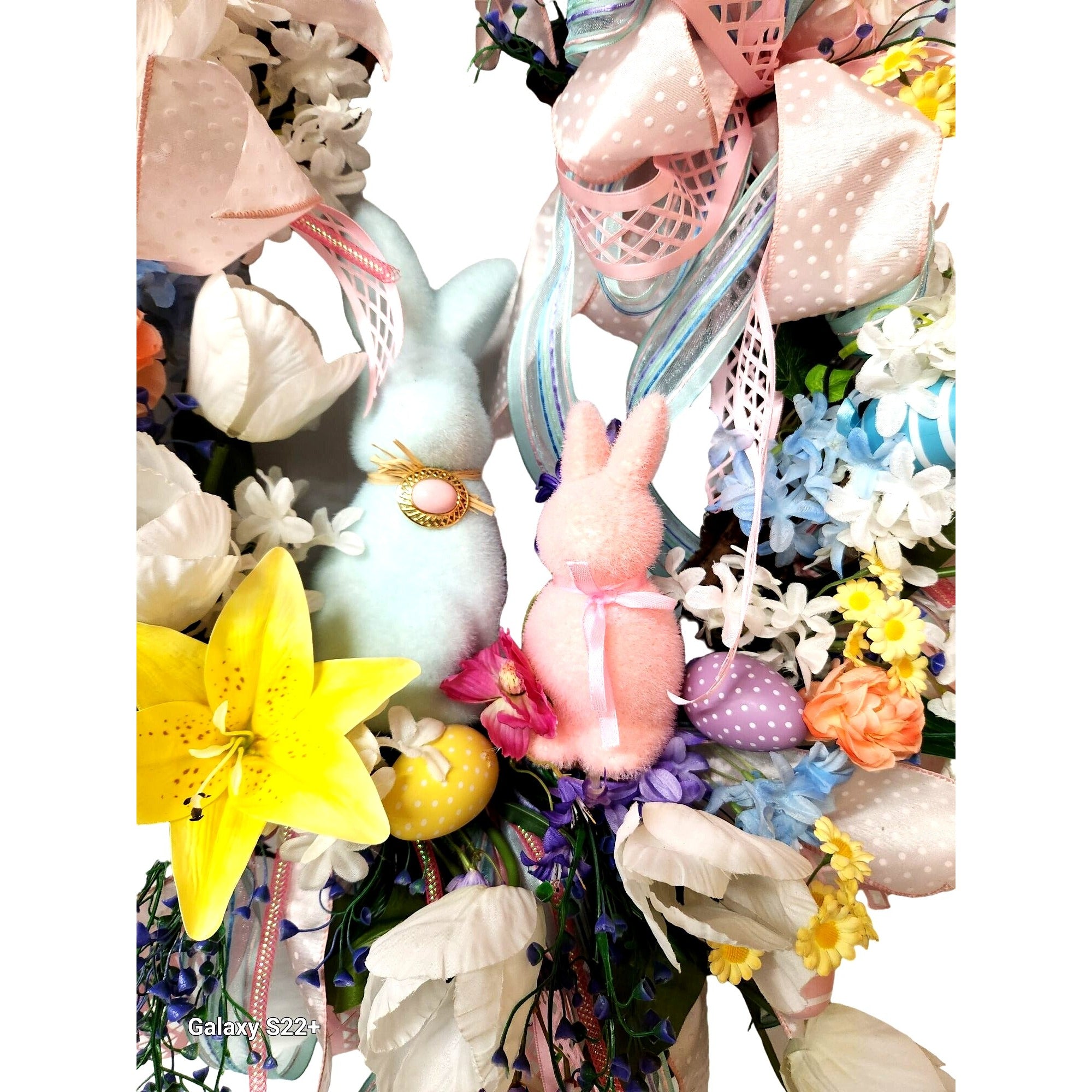 Spring Easter Wreath Bunny Decor Pastel Flowers and Ribbons Large 28 Inch Handmade Door Wreath