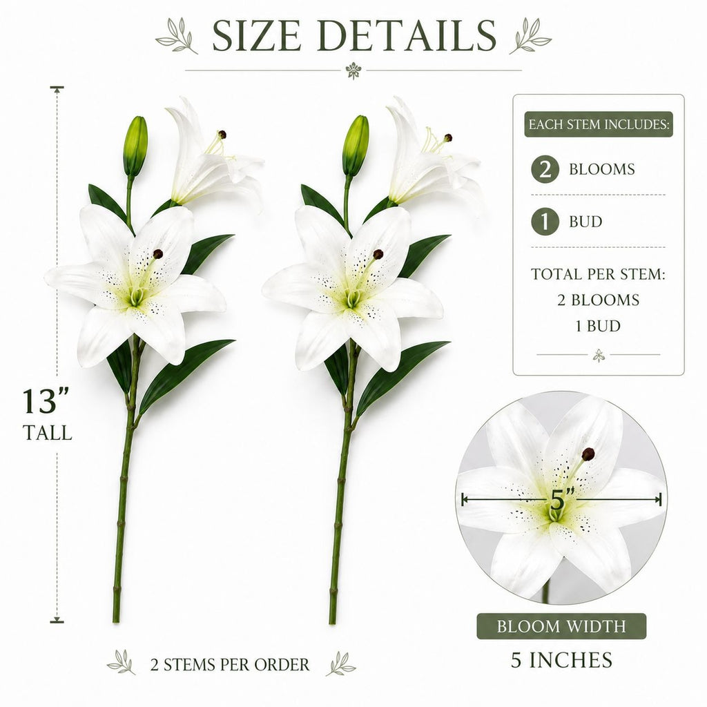 Real Touch White Lily Stems Set of 2, Artificial Lily Flowers, Faux Floral Stems, White Lily Spray, Wedding Flowers, French Country Decor, W