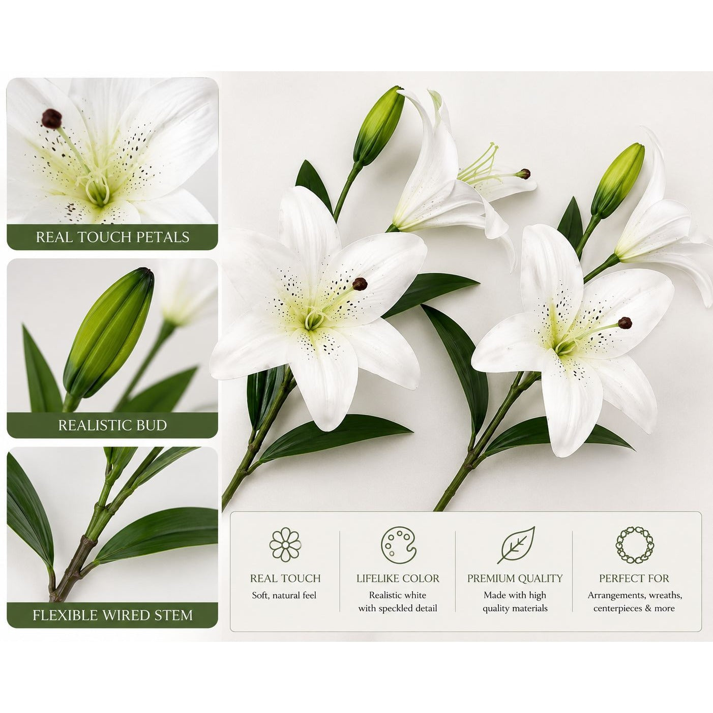 Real Touch White Lily Stems Set of 2, Artificial Lily Flowers, Faux Floral Stems, White Lily Spray, Wedding Flowers, French Country Decor, W