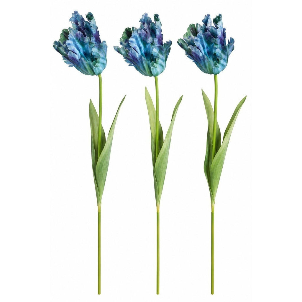 Blue Faux Tulips Set of 3 Artificial Parrot Tulips 27 Inch Tall Floral Stems for Vase Spring Wedding Home Decor