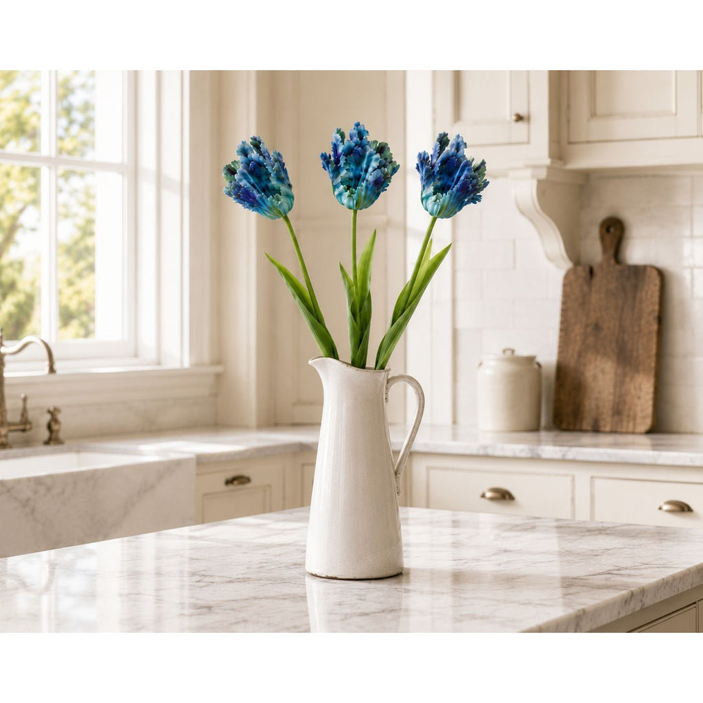 Blue Faux Tulips Set of 3 Artificial Parrot Tulips 27 Inch Tall Floral Stems for Vase Spring Wedding Home Decor