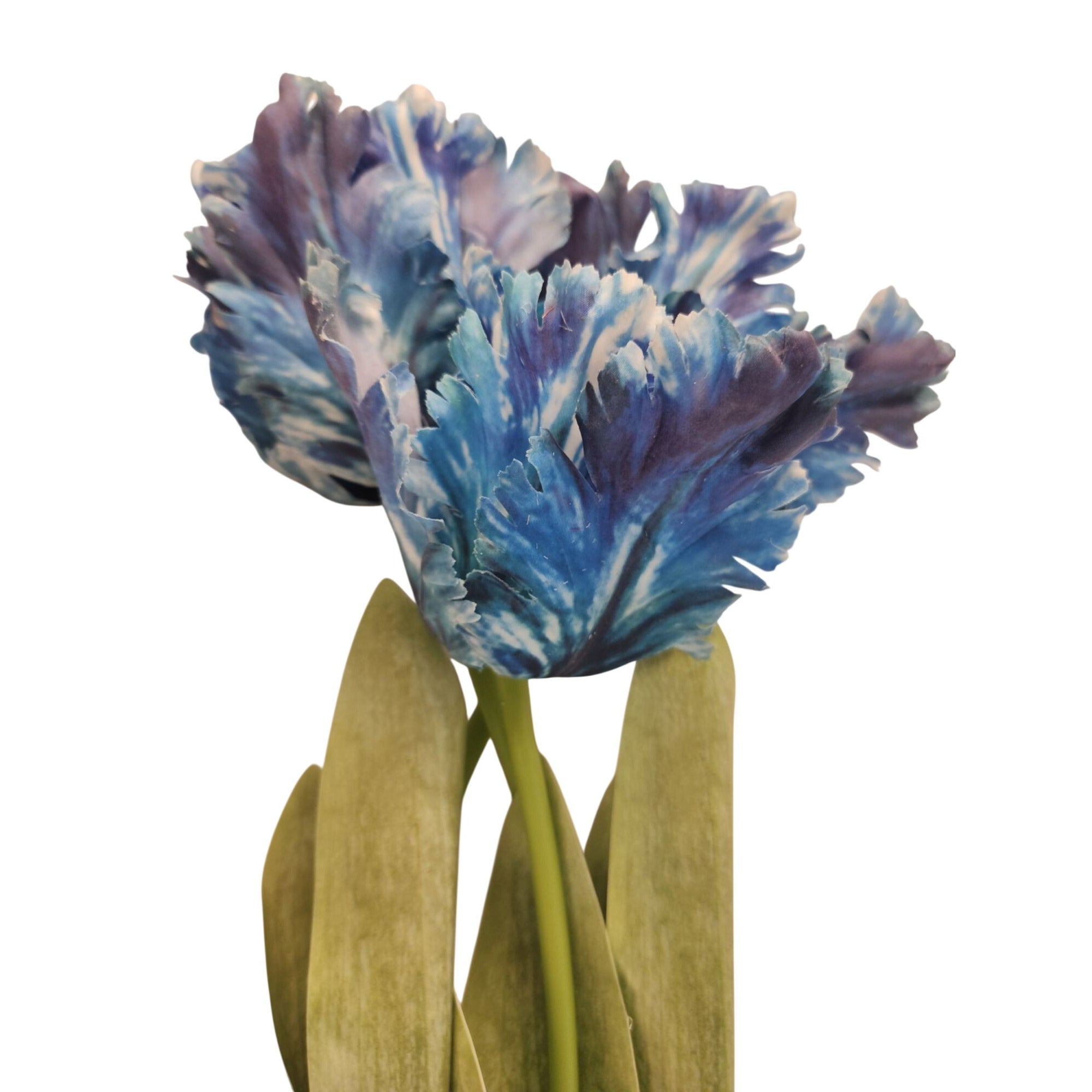 Blue Faux Tulips Set of 3 Artificial Parrot Tulips 27 Inch Tall Floral Stems for Vase Spring Wedding Home Decor