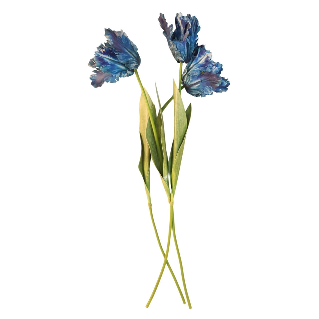 Blue Faux Tulips Set of 3 Artificial Parrot Tulips 27 Inch Tall Floral Stems for Vase Spring Wedding Home Decor