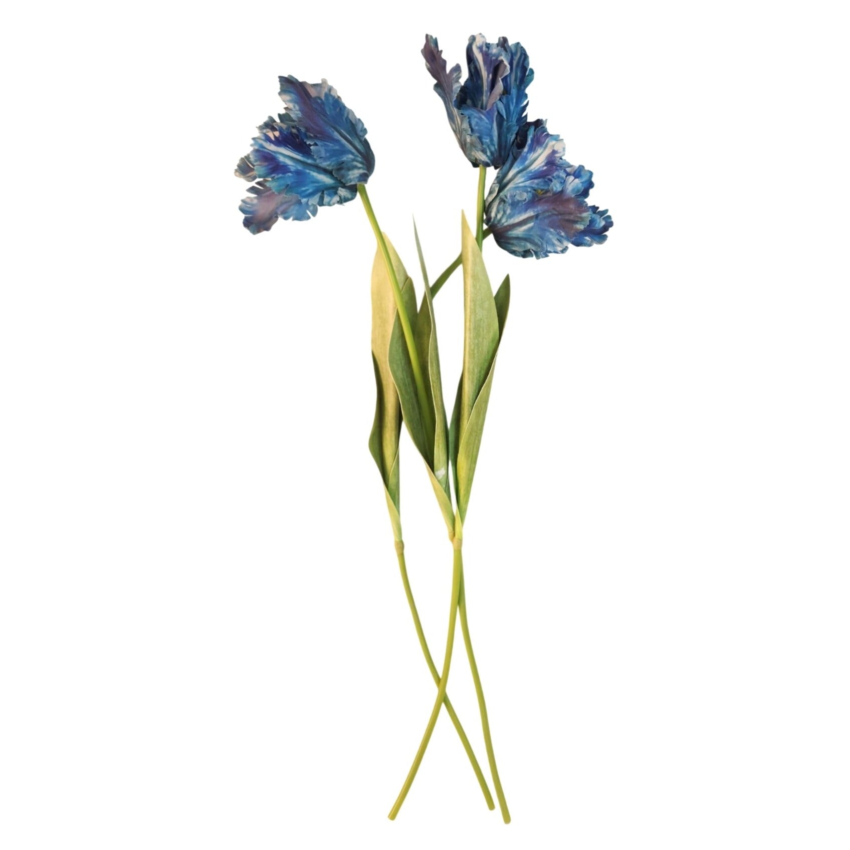 Blue Faux Tulips Set of 3 Artificial Parrot Tulips 27 Inch Tall Floral Stems for Vase Spring Wedding Home Decor