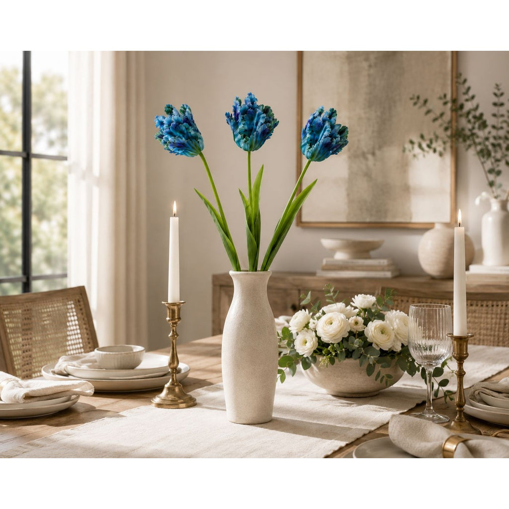 Blue Faux Tulips Set of 3 Artificial Parrot Tulips 27 Inch Tall Floral Stems for Vase Spring Wedding Home Decor