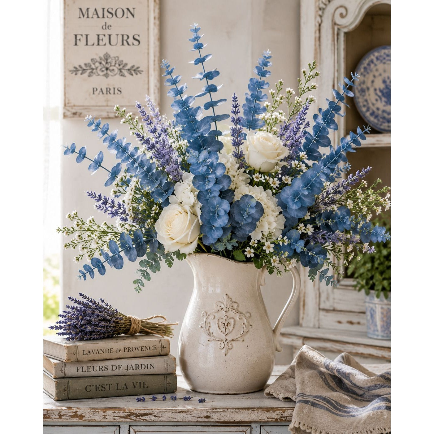 Decorative floral arrangement in a pitcher with books and a decorative box in the background.