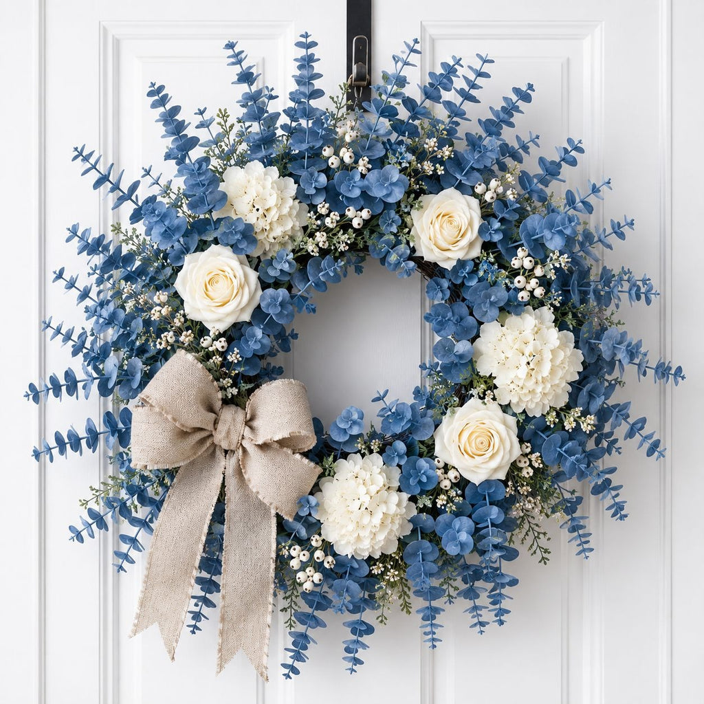 Floral wreath with blue and white flowers and a beige bow on a white door.