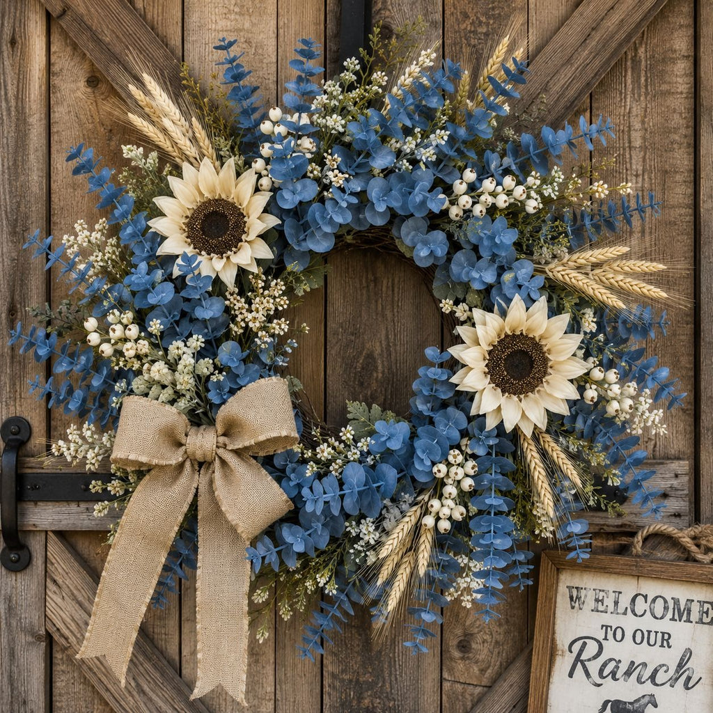 Floral wreath with blue flowers, sunflowers, and a burlap bow on a wooden door.