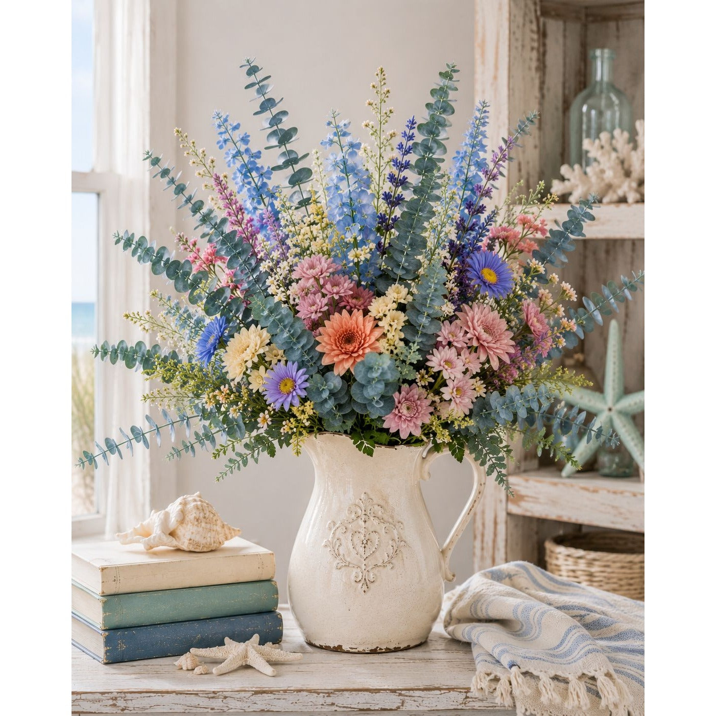 Decorative bouquet of flowers in a white pitcher on a wooden surface with books and a blanket.