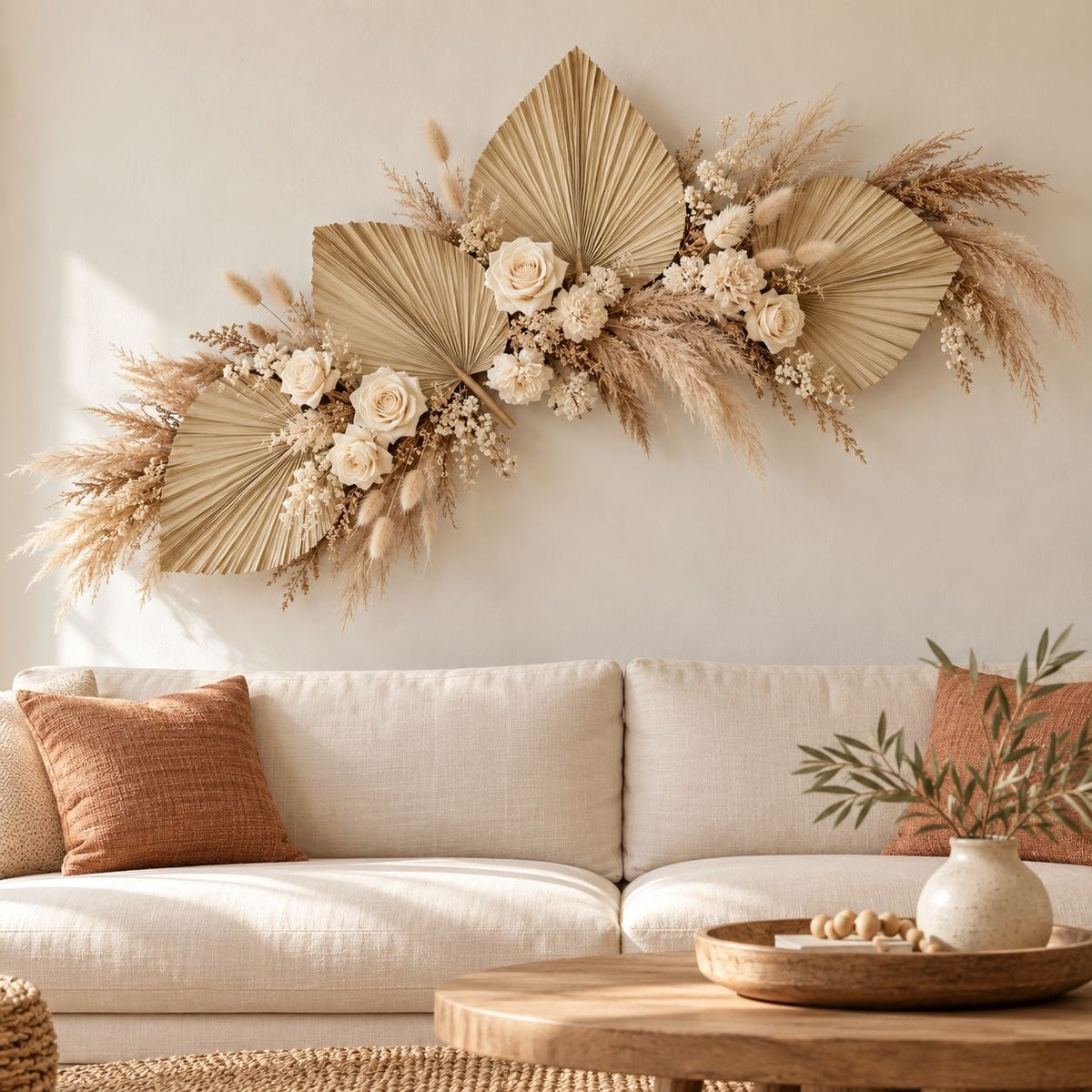 A bohemian-style dried floral wall decor piece featuring palm fan leaves, pampas grass, and cream roses, displayed on a neutral wall above a modern beige sofa with accent pillows.