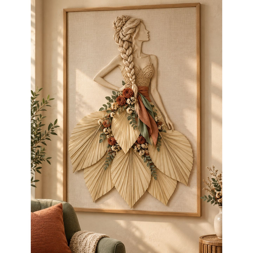 Large framed wall art featuring a stylized woman in profile with long braided hair and a voluminous fan-like dress made from beige palm leaves, accented with orange, rust, and green floral elements. The artwork hangs on a beige wall above a sofa in a styled interior.