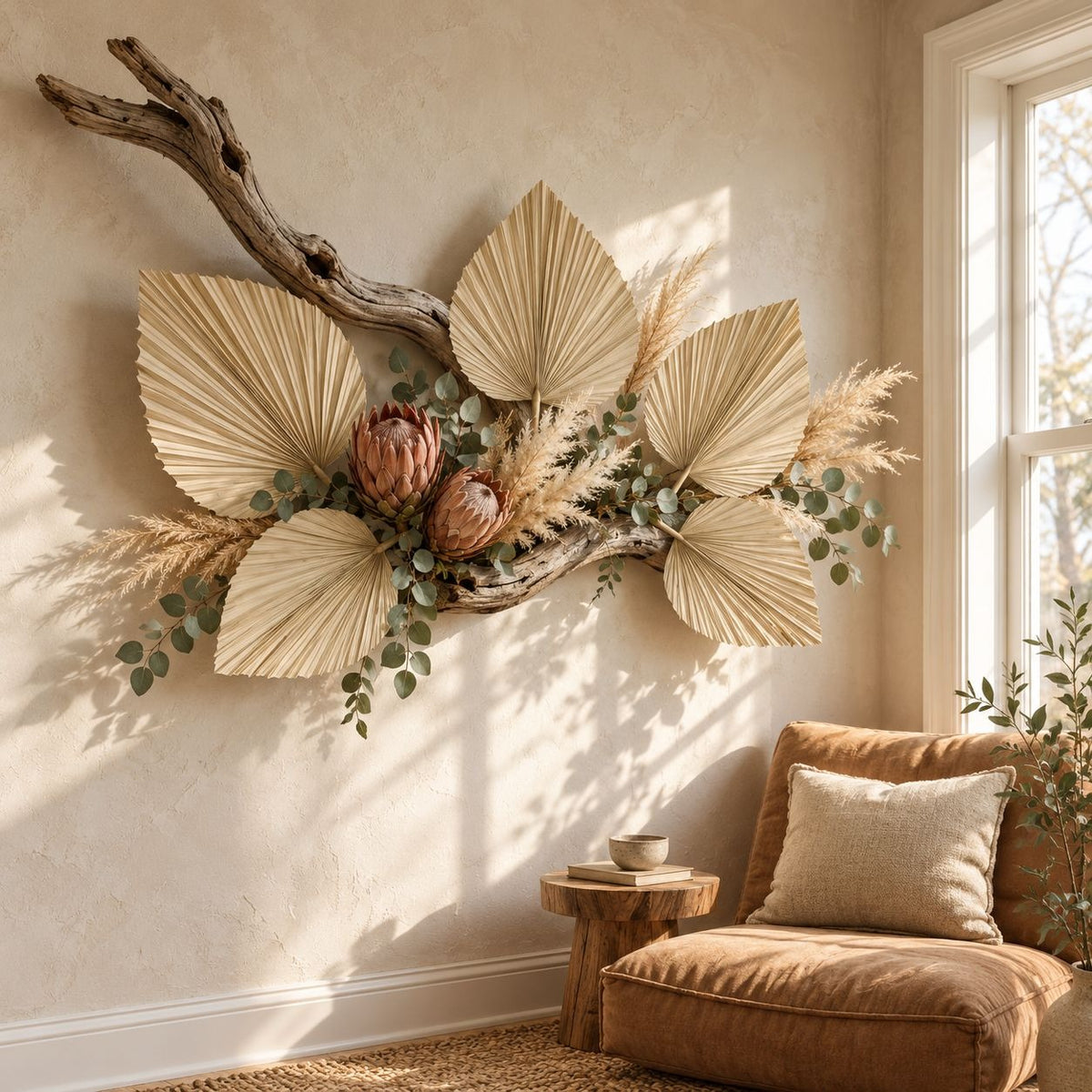 A decorative wall arrangement made from a driftwood branch with large beige palm leaves, green eucalyptus sprigs, pampas grass, and two brown protea flowers, displayed in a sunlit room above a tan cushioned chair and small wooden side table.