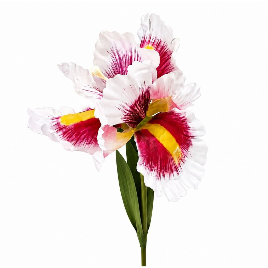 Artificial flower arrangement with white, pink, and yellow petals on a white background
