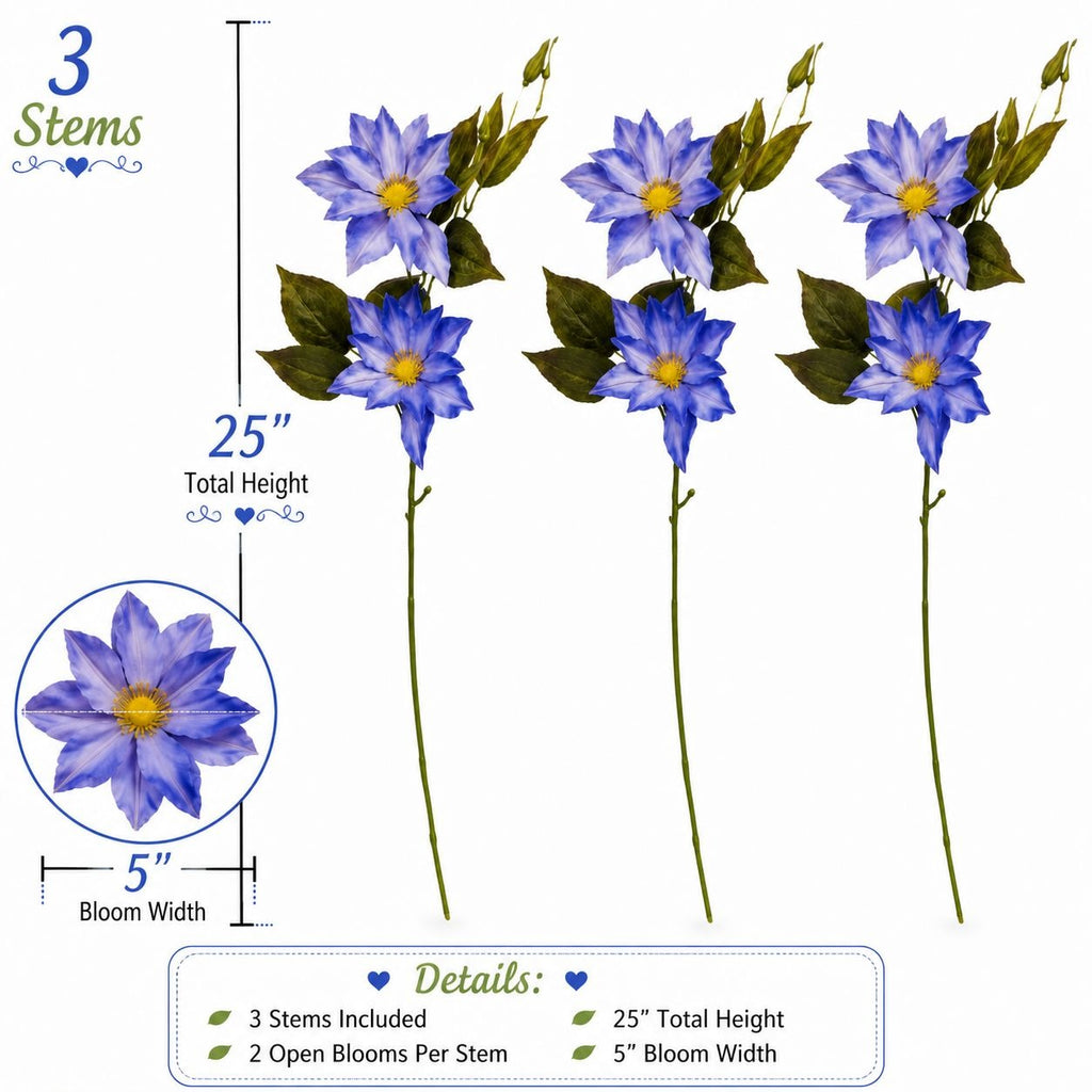 Blue Clematis Artificial Flowers 3 Stems Faux Clematis Spray Periwinkle Blue Wedding Floral Decor