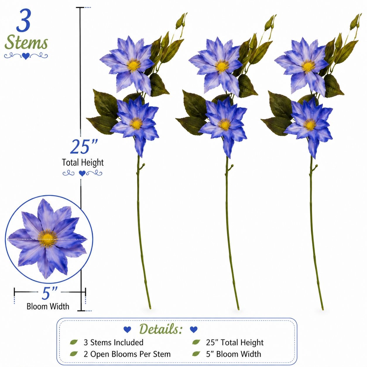 Blue Clematis Artificial Flowers 3 Stems Faux Clematis Spray Periwinkle Blue Wedding Floral Decor
