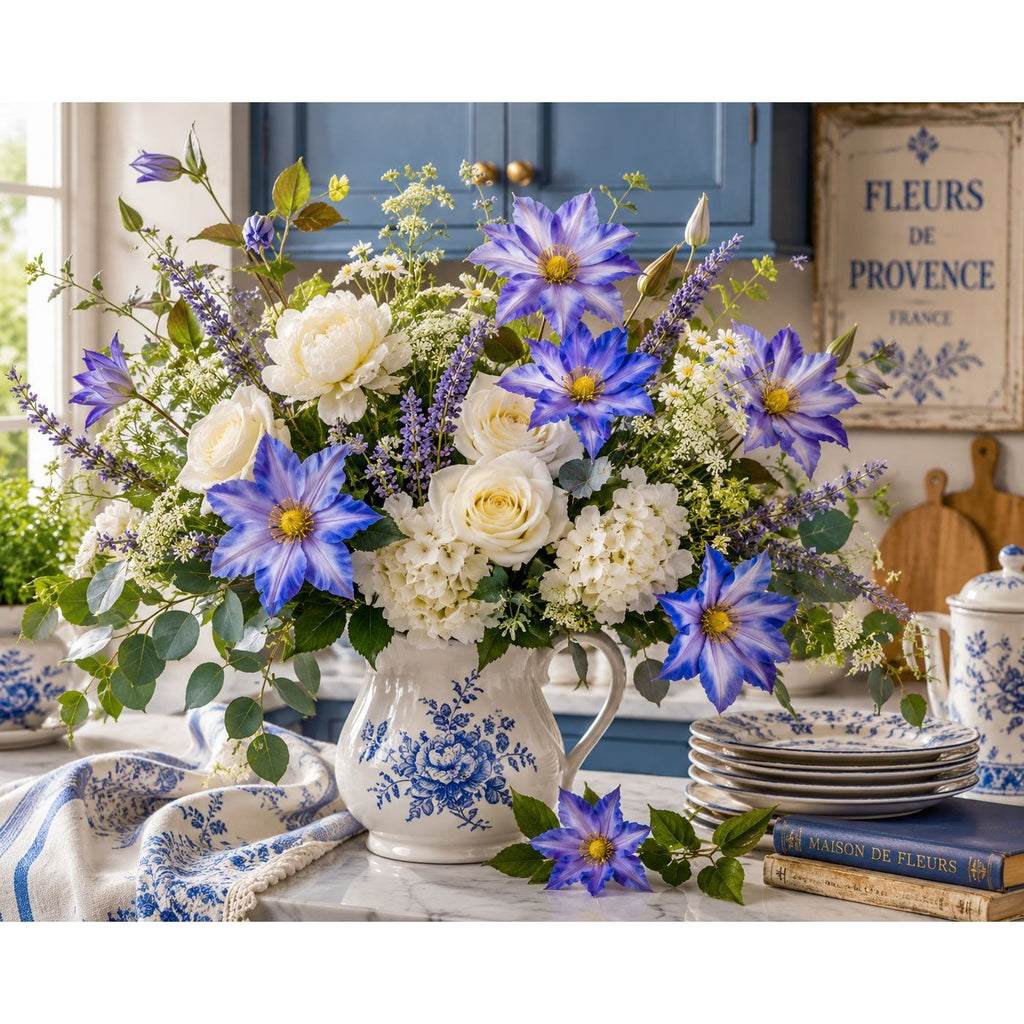 Blue Clematis Artificial Flowers 3 Stems Faux Clematis Spray Periwinkle Blue Wedding Floral Decor