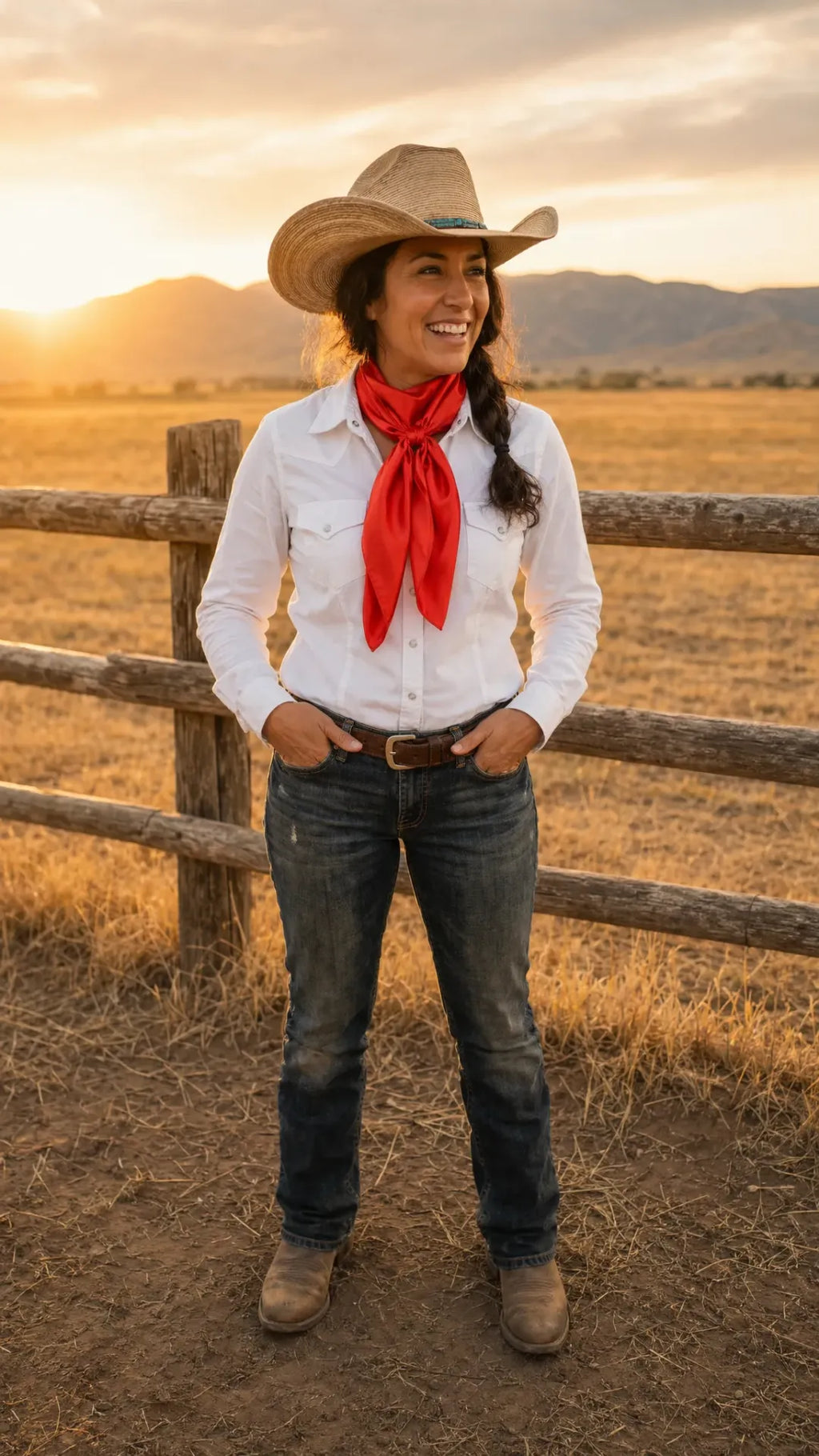 Red wild rag scarf worn by model in western lifestyle setting