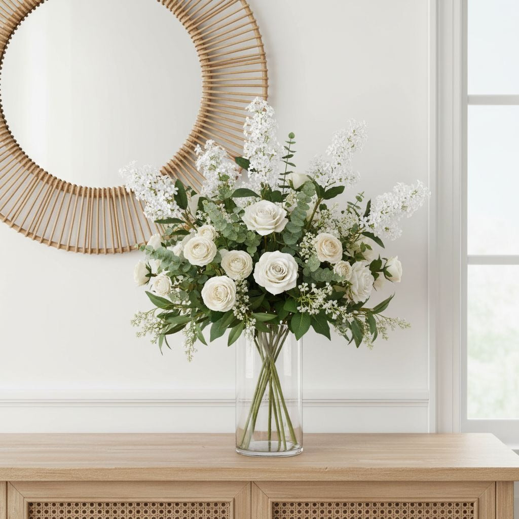 Artificial White Lilac Look Stems Set of 2, 30 Inch Faux Filler Flowers, Cottage Farmhouse Floral Stems for Arrangements