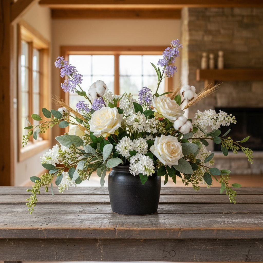 Artificial White Lilac Look Stems Set of 2, 30 Inch Faux Filler Flowers, Cottage Farmhouse Floral Stems for Arrangements