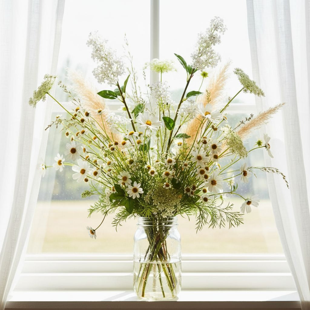 Artificial White Lilac Look Stems Set of 2, 30 Inch Faux Filler Flowers, Cottage Farmhouse Floral Stems for Arrangements