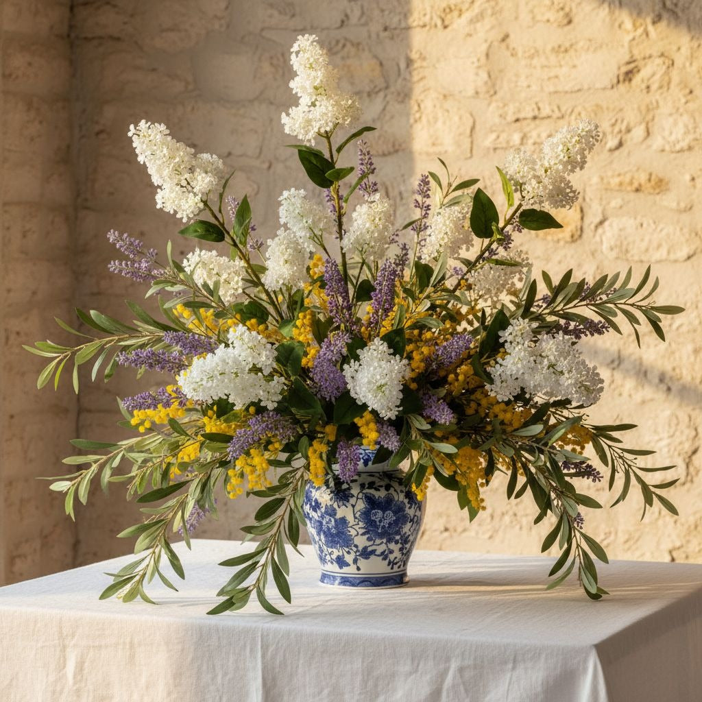 Artificial White Lilac Look Stems Set of 2, 30 Inch Faux Filler Flowers, Cottage Farmhouse Floral Stems for Arrangements