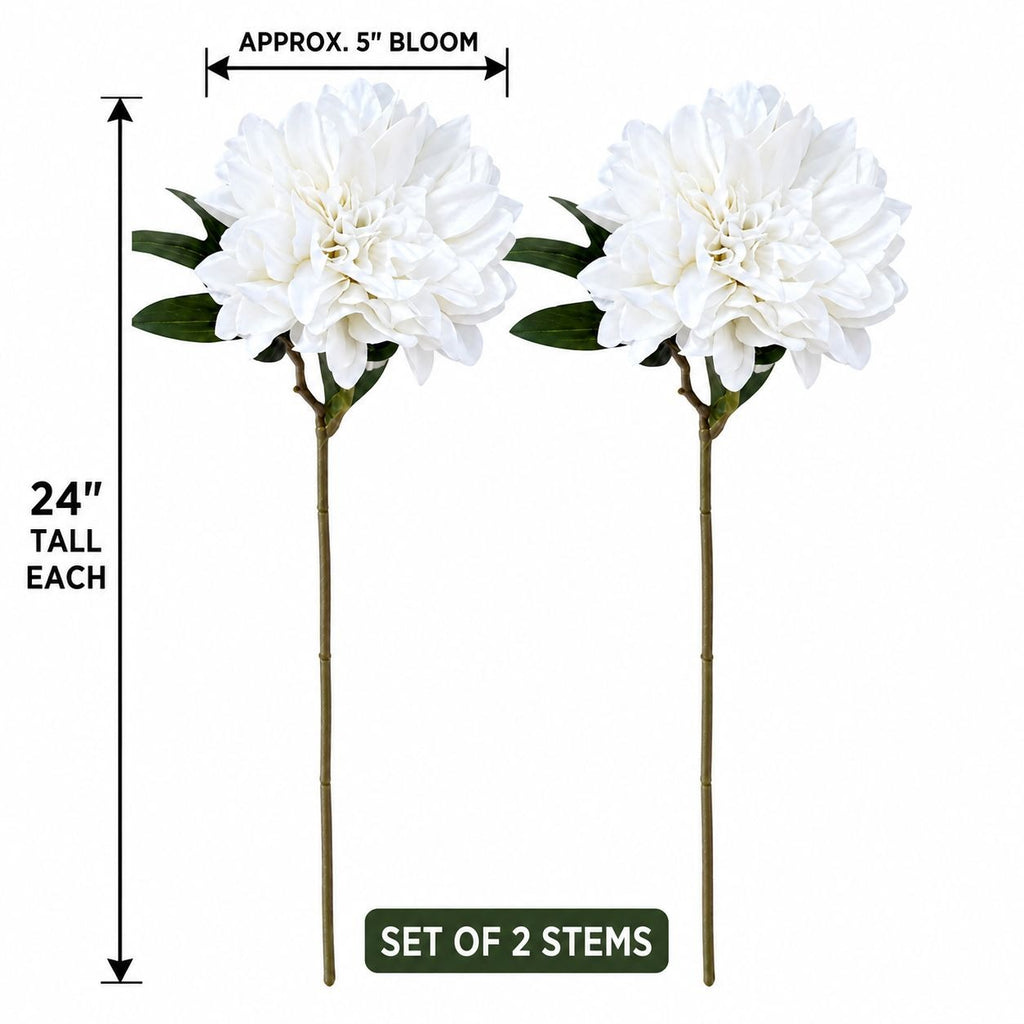 Two white artificial flower stems with green leaves, shown on a white background with measurement labels indicating approximately 5-inch blooms and 24-inch height each, plus a note for a set of 2 stems.