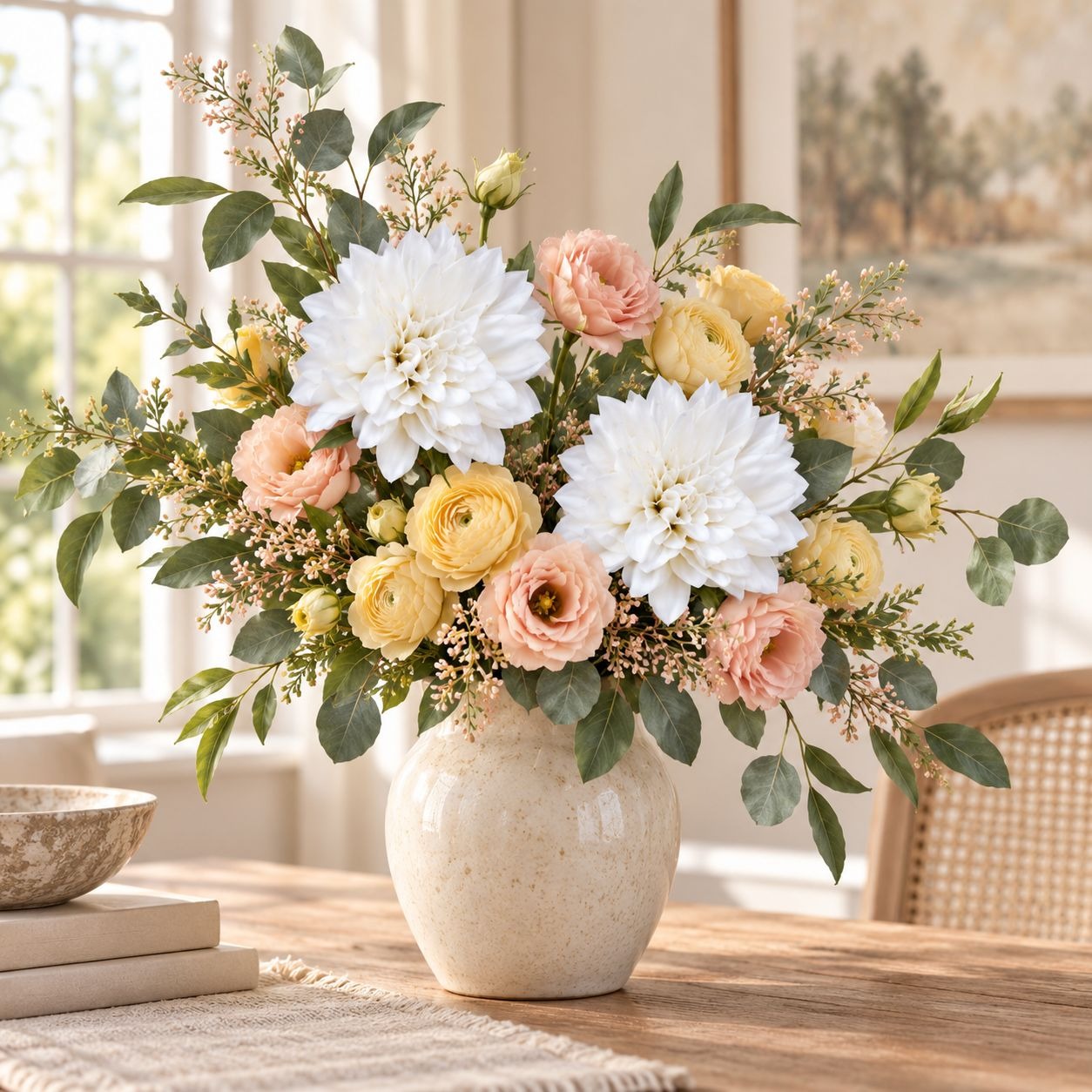 A large floral arrangement in a speckled cream ceramic vase, featuring white and yellow dahlia-like flowers, peach ranunculus, and green foliage, displayed on a wooden table in a bright, softly lit room.