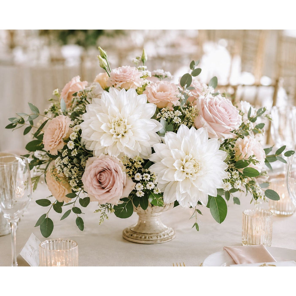 A floral centerpiece arrangement in a cream pedestal vase, featuring large white dahlias, blush pink roses, and green foliage on a table setting.
