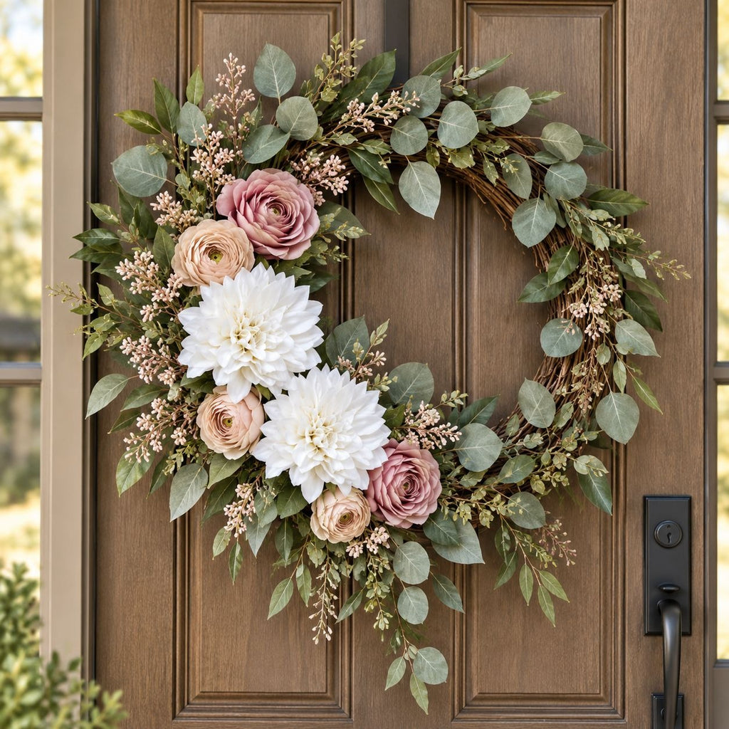 A decorative floral wreath hanging on a brown wooden front door. The wreath features large white dahlias, dusty pink roses, peach ranunculus, and green eucalyptus leaves and foliage.