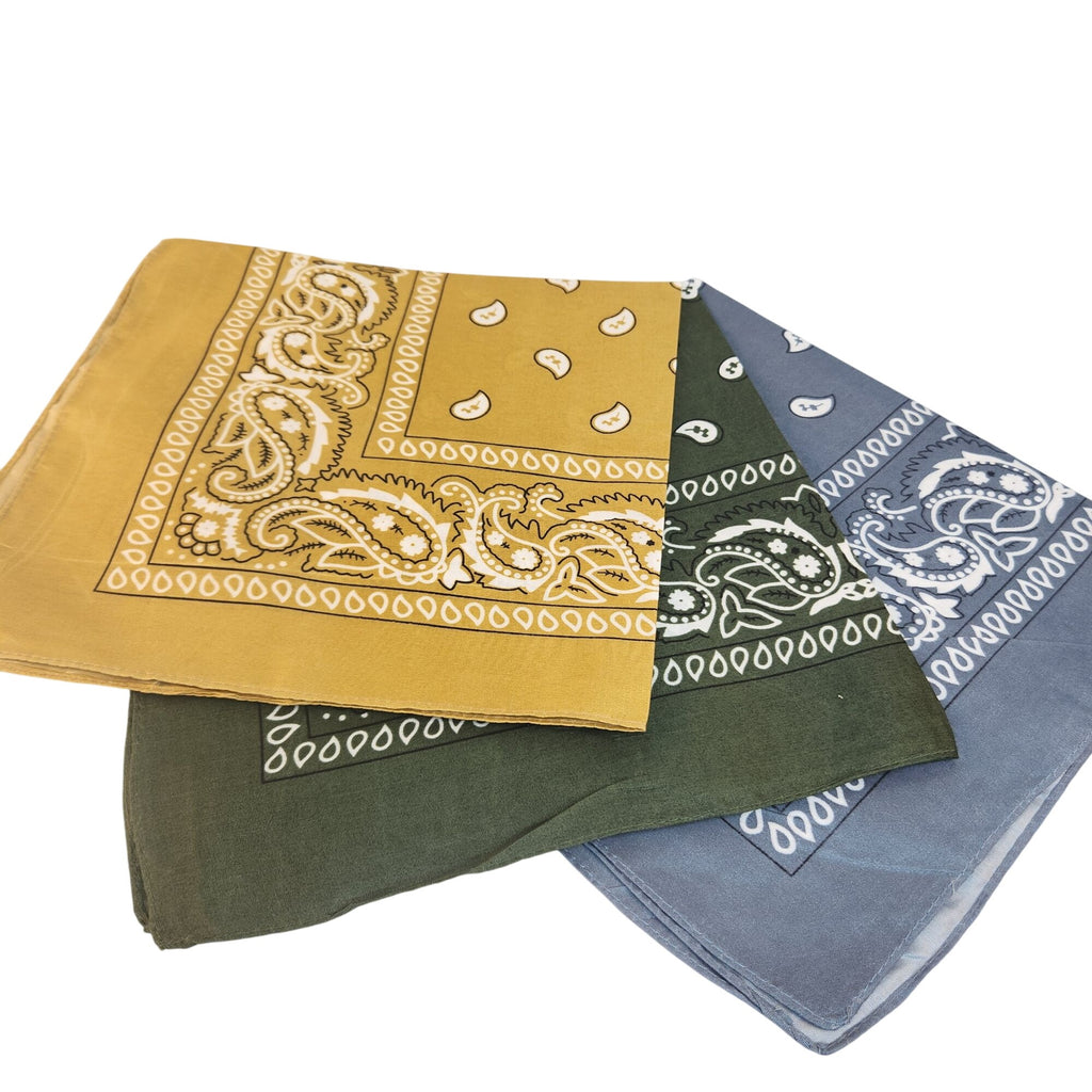Bandanas 21x21" Western Cowboy Cowgirl - Gold Green Gray Paisley Square Scarves 3 Pack