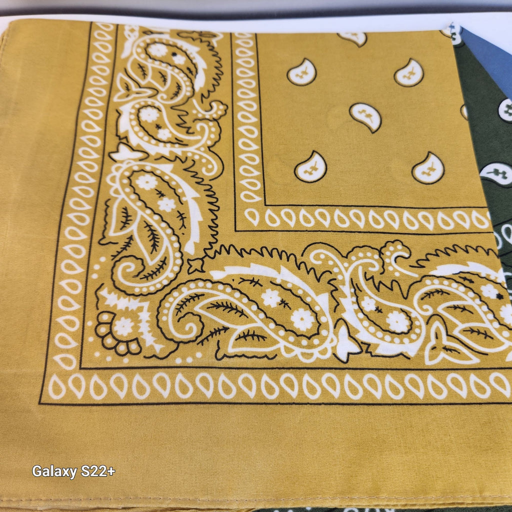 Bandanas 21x21" Western Cowboy Cowgirl - Gold Green Gray Paisley Square Scarves 3 Pack