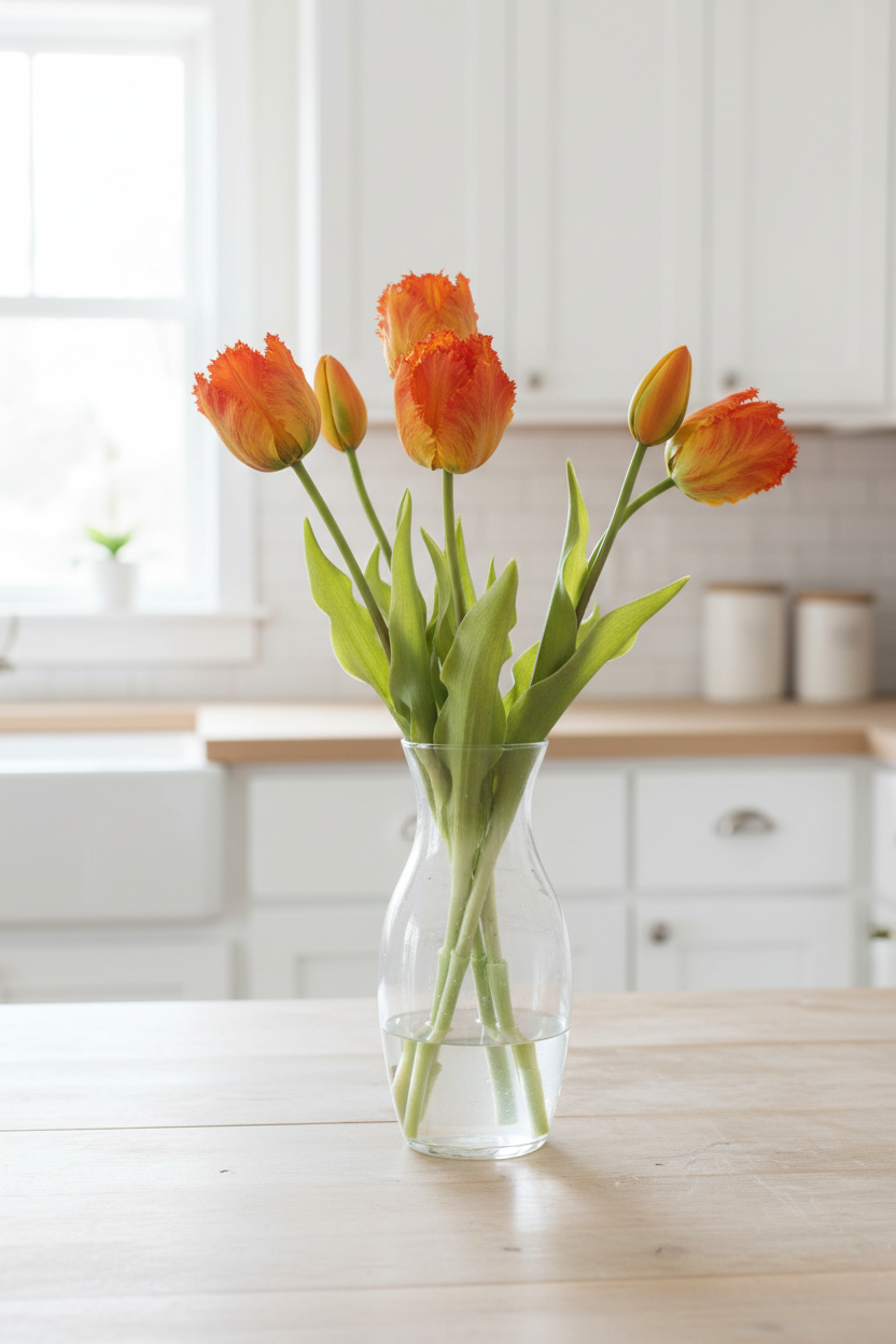 5 parrot tulip stems in white ceramic pitcher - spring table centerpiece

