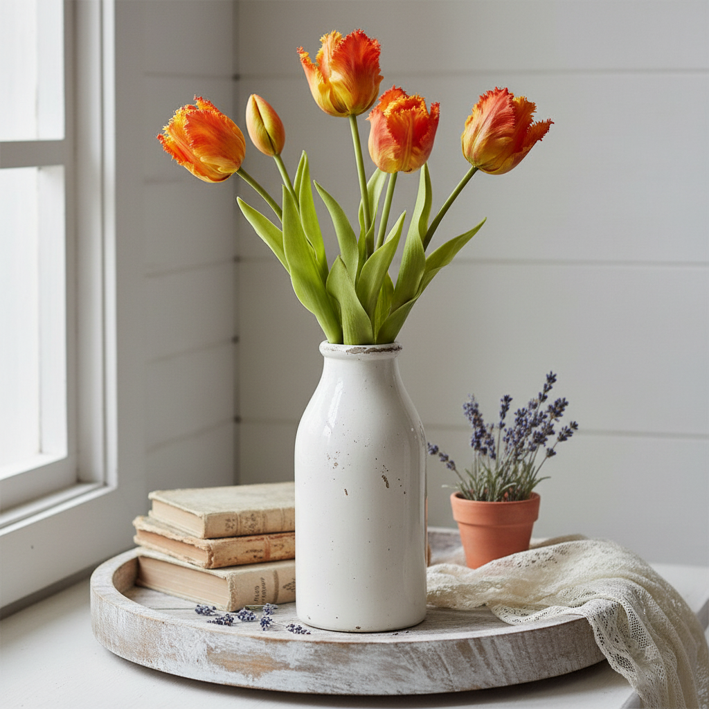 5 parrot tulip stems in vintage milk bottle - shabby chic farmhouse decor
