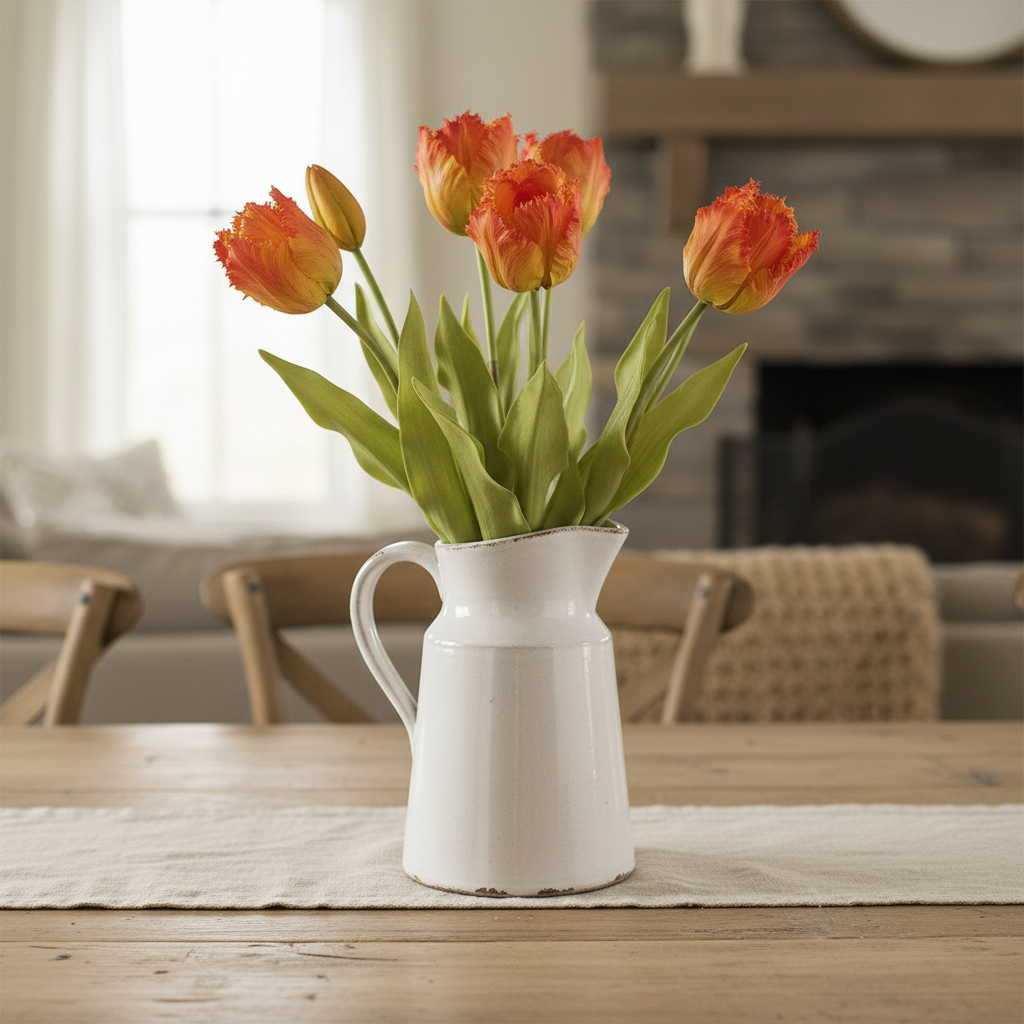 5 parrot tulip stems in white ceramic pitcher - spring table centerpiece
