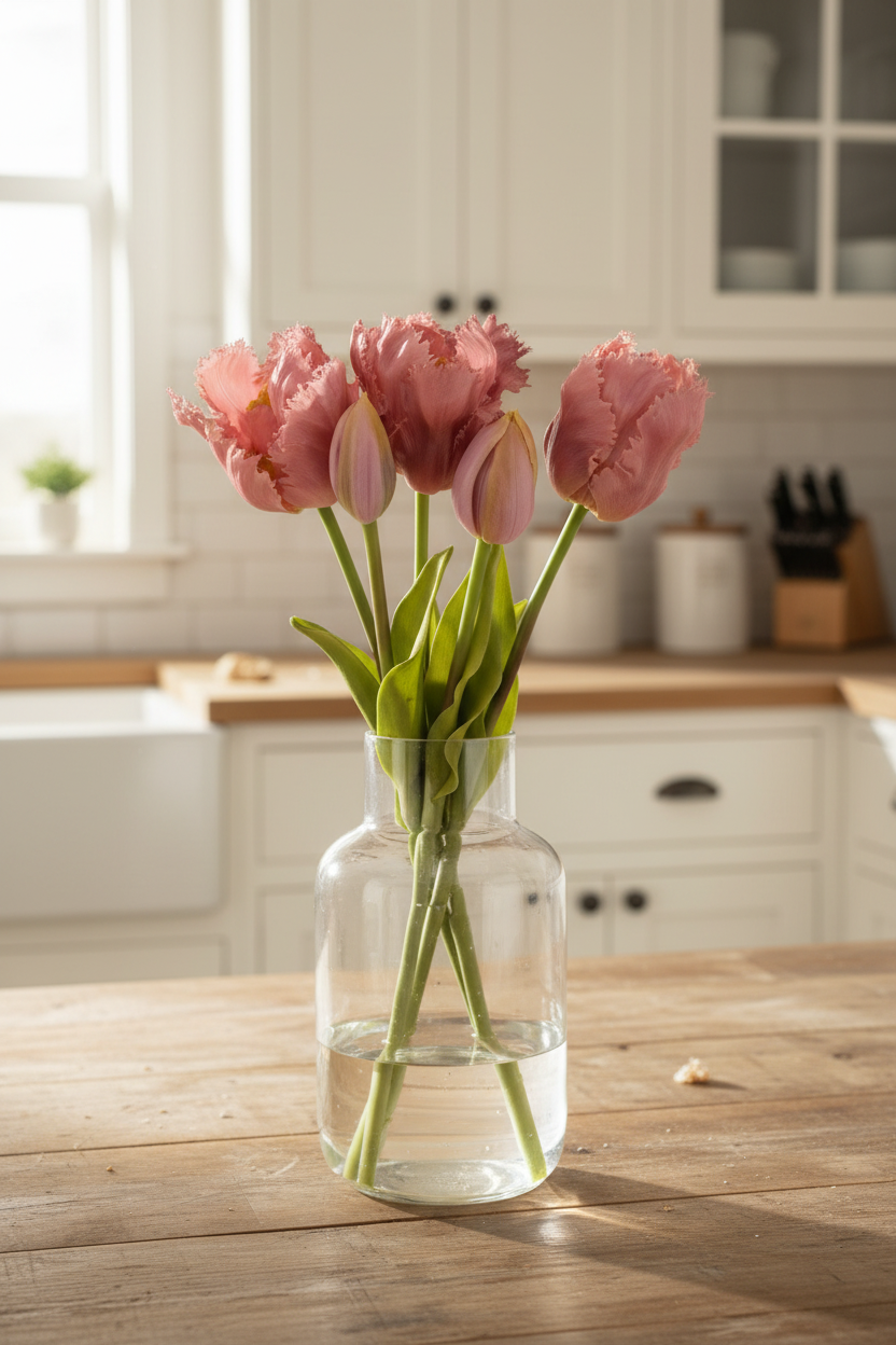 5 pink tulip stems in clear glass vase on farmhouse kitchen counter
