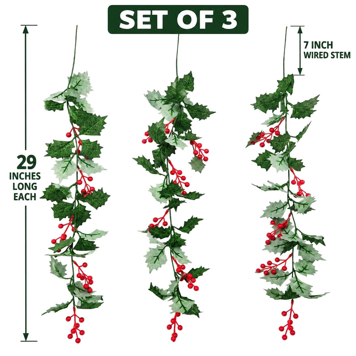 29-Inch Artificial Holly Berry Hanging Stems, Set of 3 Christmas Decor