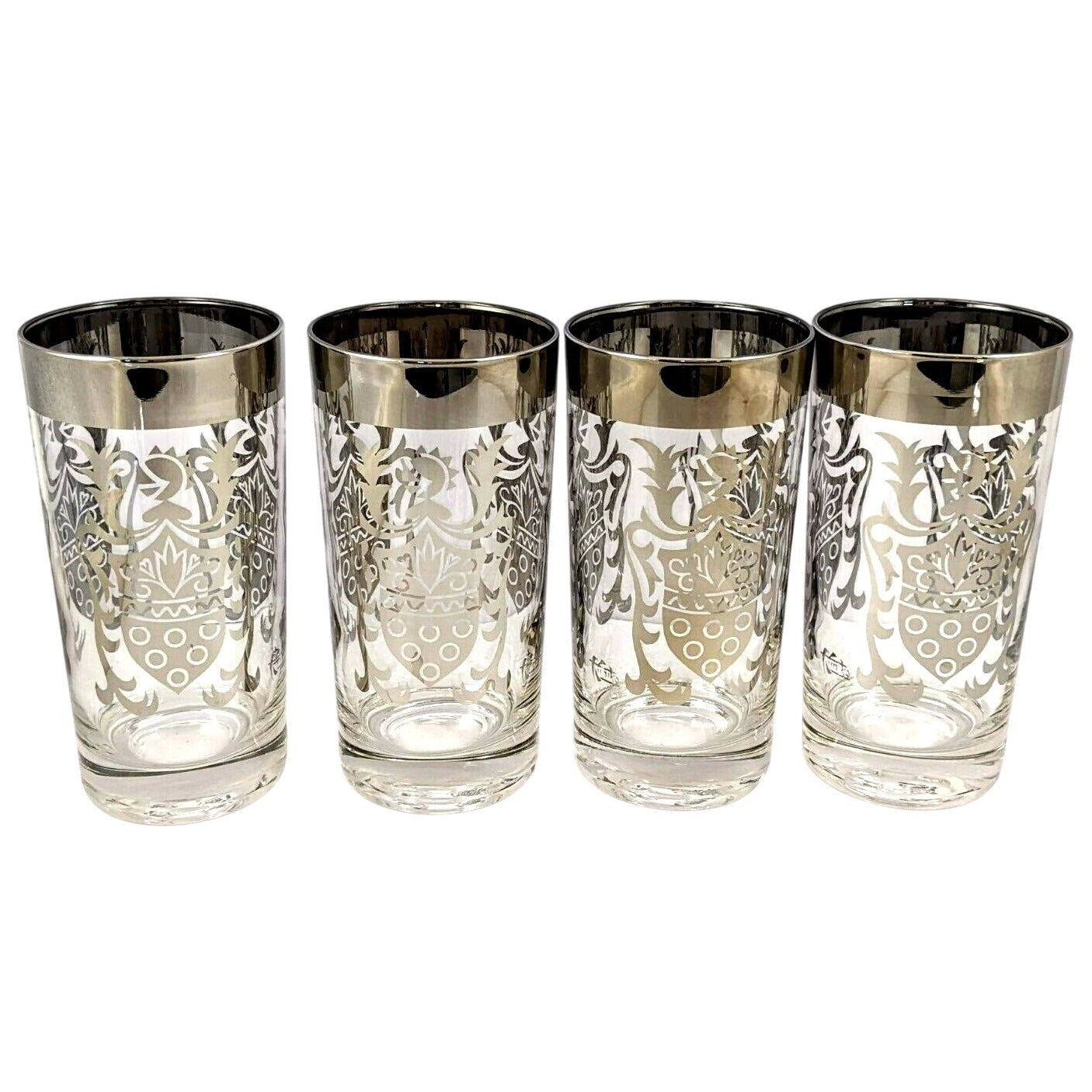 Vintage Kimiko Highball Glasses Set of 4 Silver Guardian Shield Coat of Arms Mid Century Modern Barware