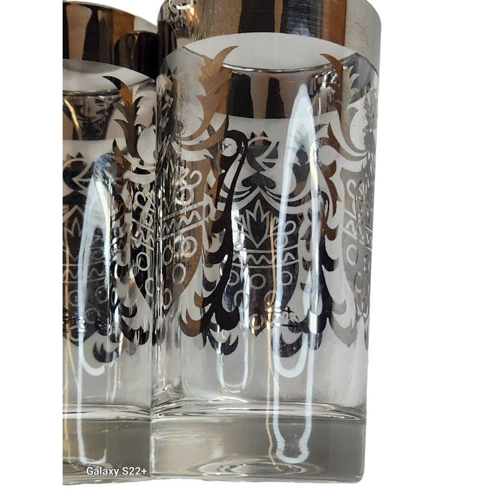 Vintage Kimiko Highball Glasses Set of 4 Silver Guardian Shield Coat of Arms Mid Century Modern Barware
