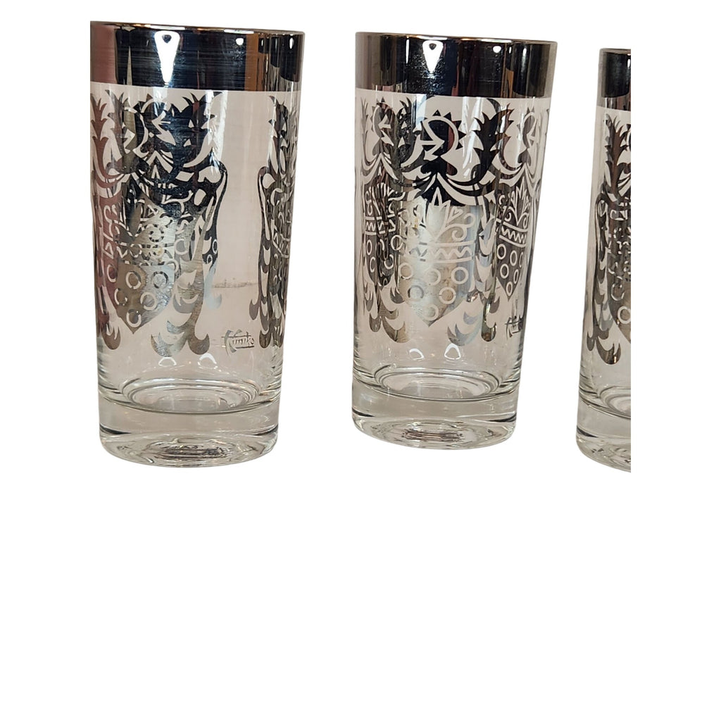 Vintage Kimiko Highball Glasses Set of 4 Silver Guardian Shield Coat of Arms Mid Century Modern Barware