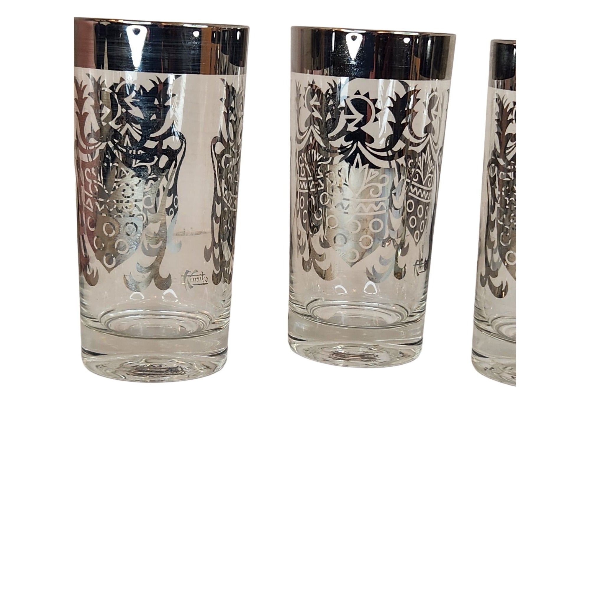Vintage Kimiko Highball Glasses Set of 4 Silver Guardian Shield Coat of Arms Mid Century Modern Barware