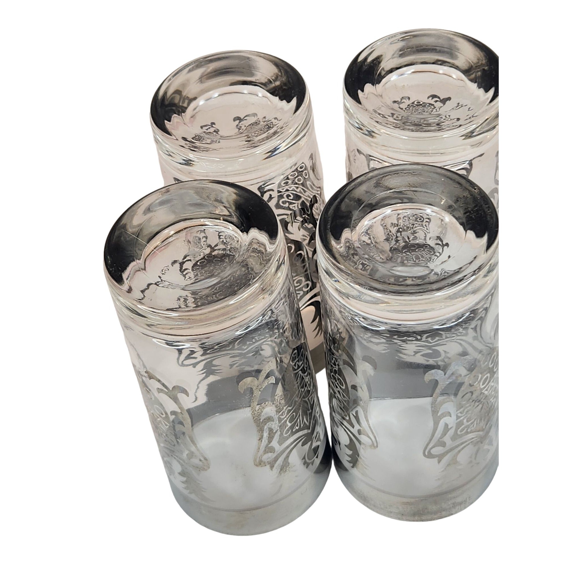 Vintage Kimiko Highball Glasses Set of 4 Silver Guardian Shield Coat of Arms Mid Century Modern Barware