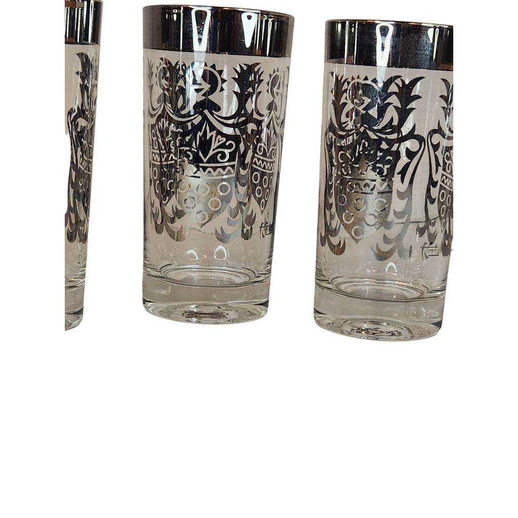 Vintage Kimiko Highball Glasses Set of 4 Silver Guardian Shield Coat of Arms Mid Century Modern Barware