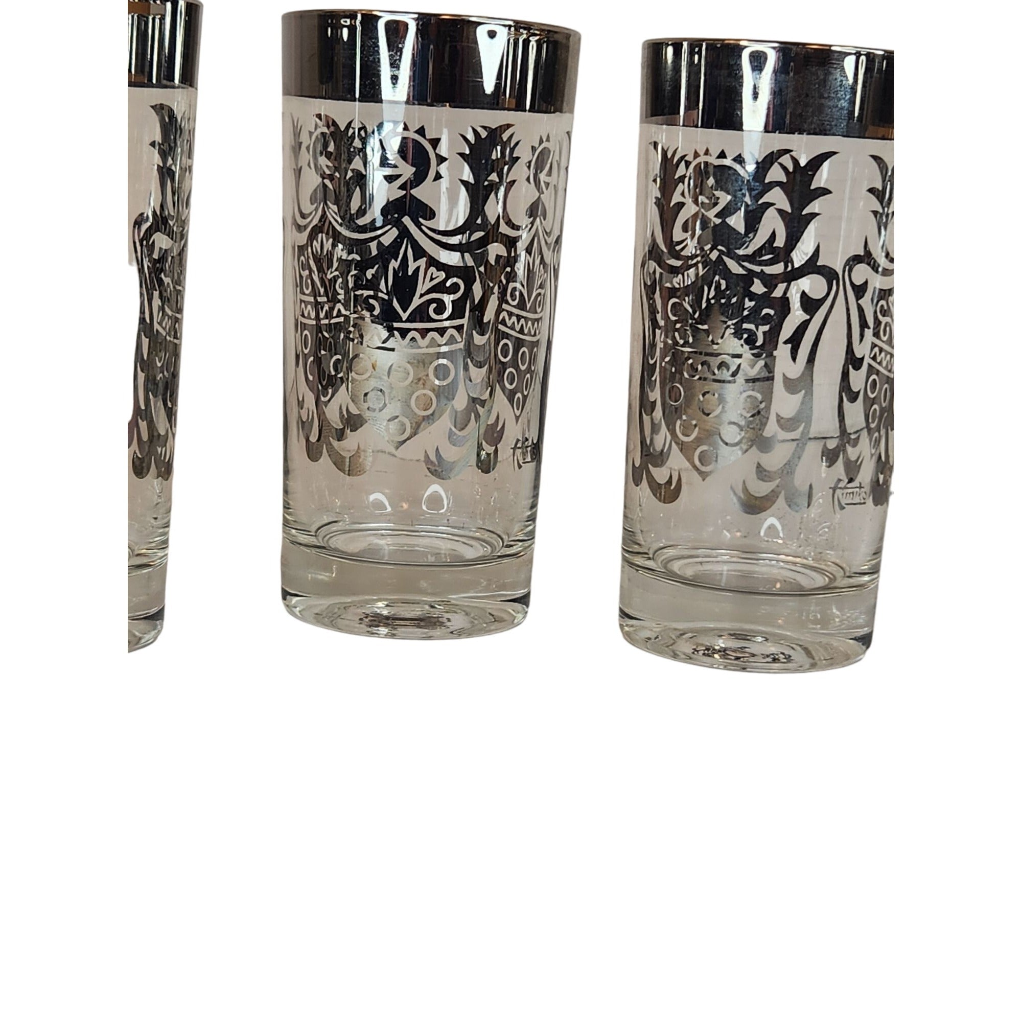 Vintage Kimiko Highball Glasses Set of 4 Silver Guardian Shield Coat of Arms Mid Century Modern Barware